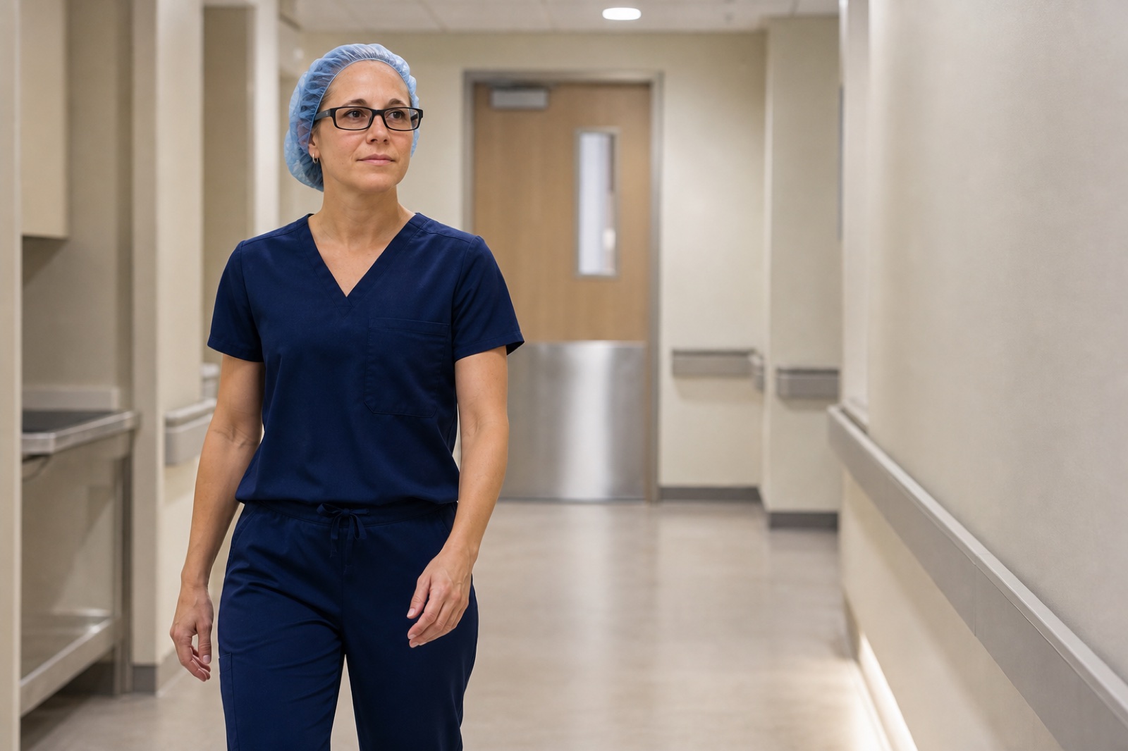 Dr. Korves walking through a hospital corridor in surgical attire