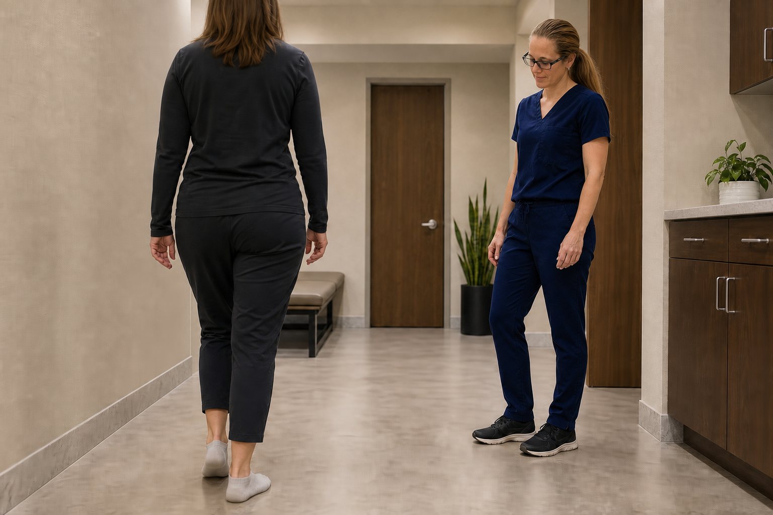 Dr. Korves observing an anonymous patient’s walking pattern in a clinical corridor