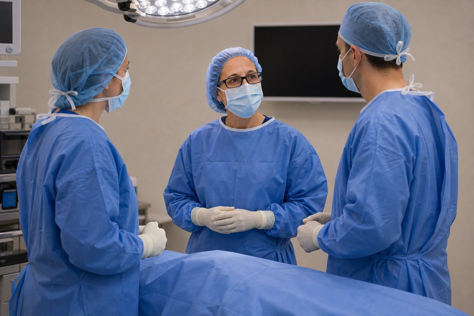 Dr. Korves and a surgical colleague conducting a non-graphic team briefing