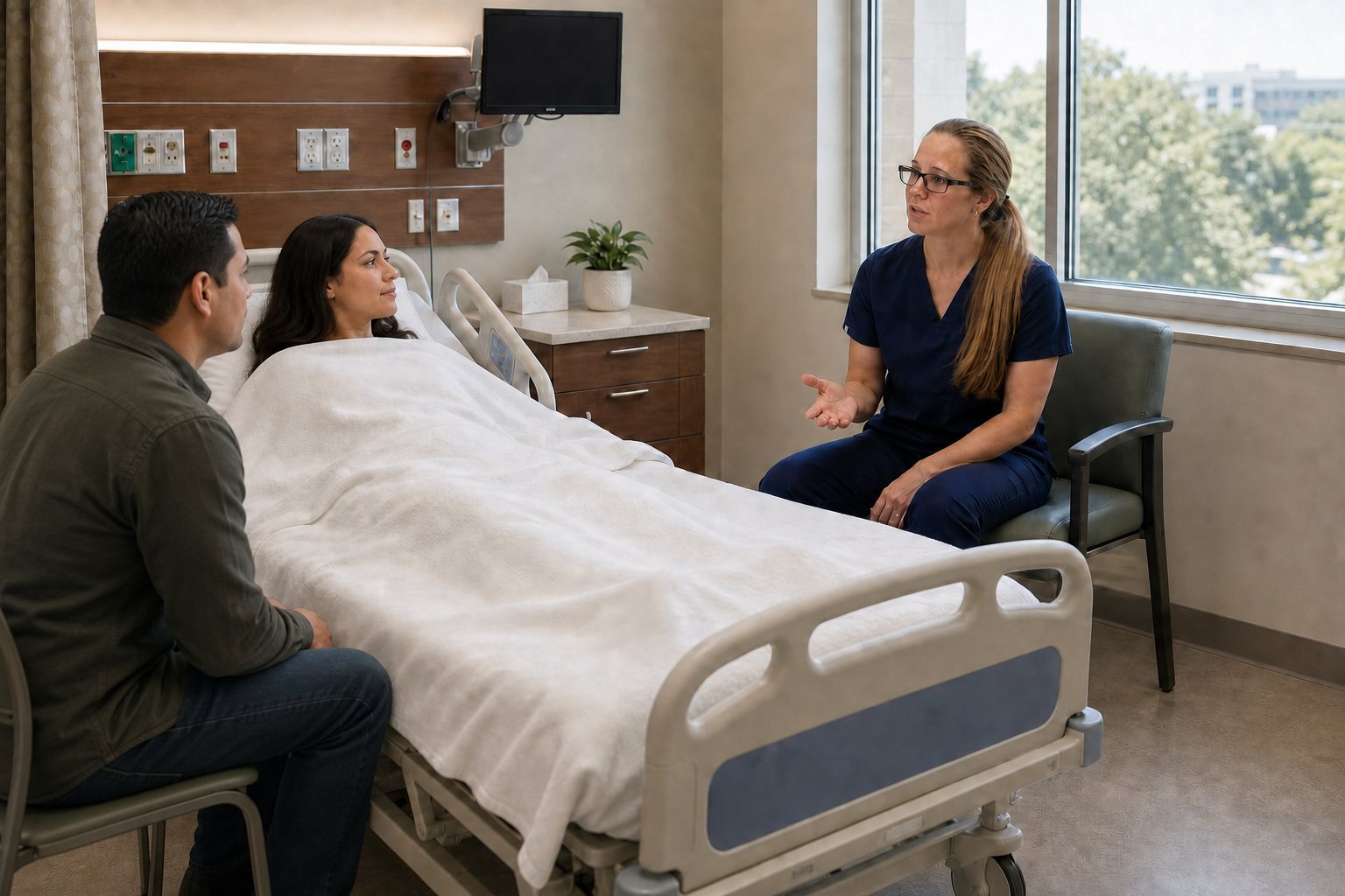 Dr. Korves discussing postoperative guidance with an anonymous patient and family member