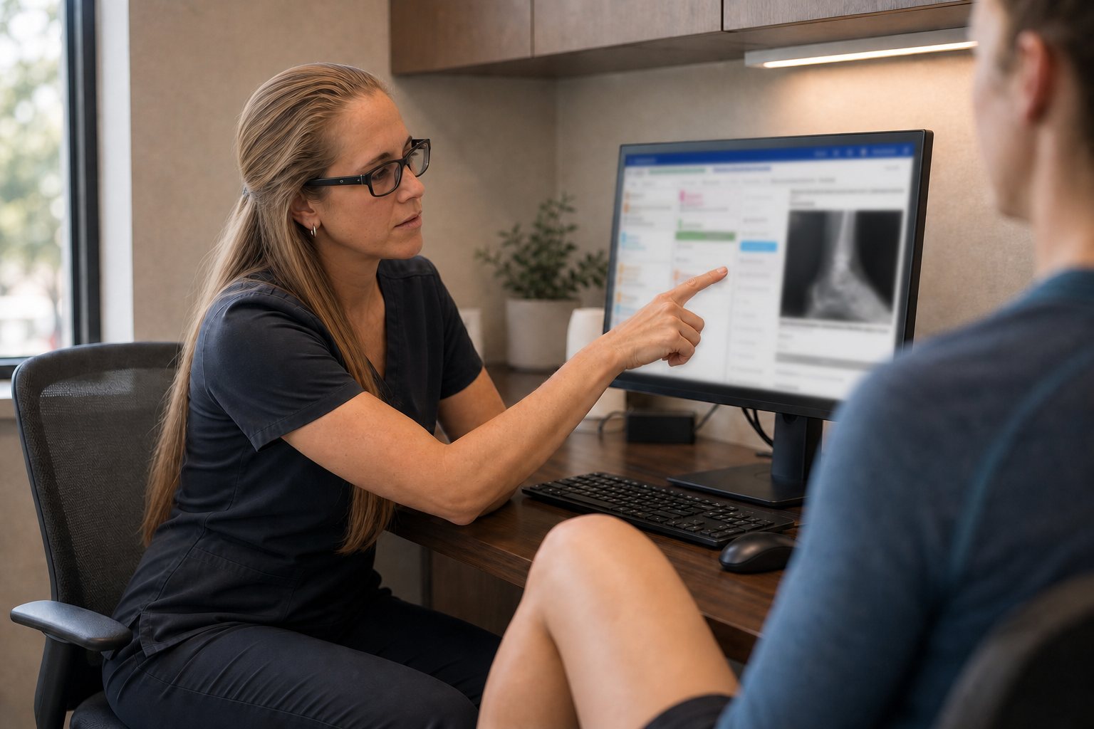 Dr. Korves reviewing a privacy-blurred foot and ankle image with an anonymous patient