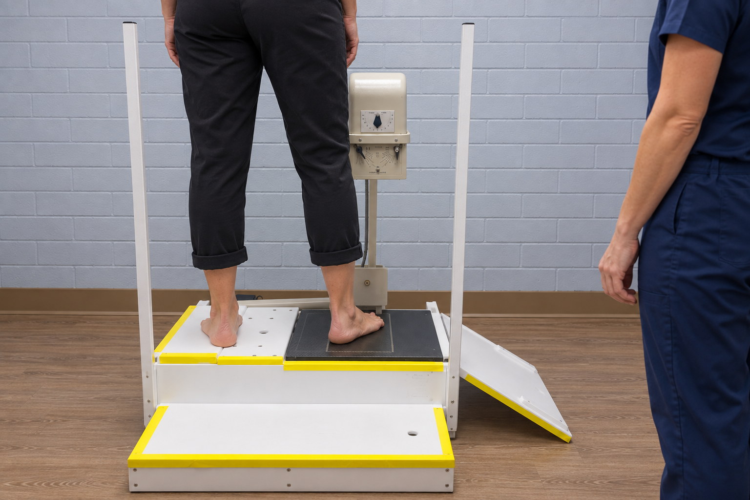 An anonymous patient standing barefoot on the practice’s in-office X-ray positioning unit while Dr. Korves observes