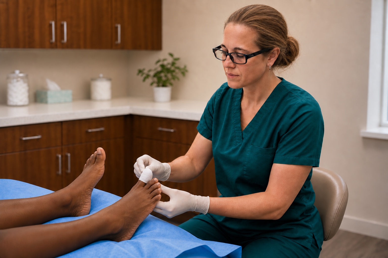Dr. Korves applying a small dressing after treating a patient's toe