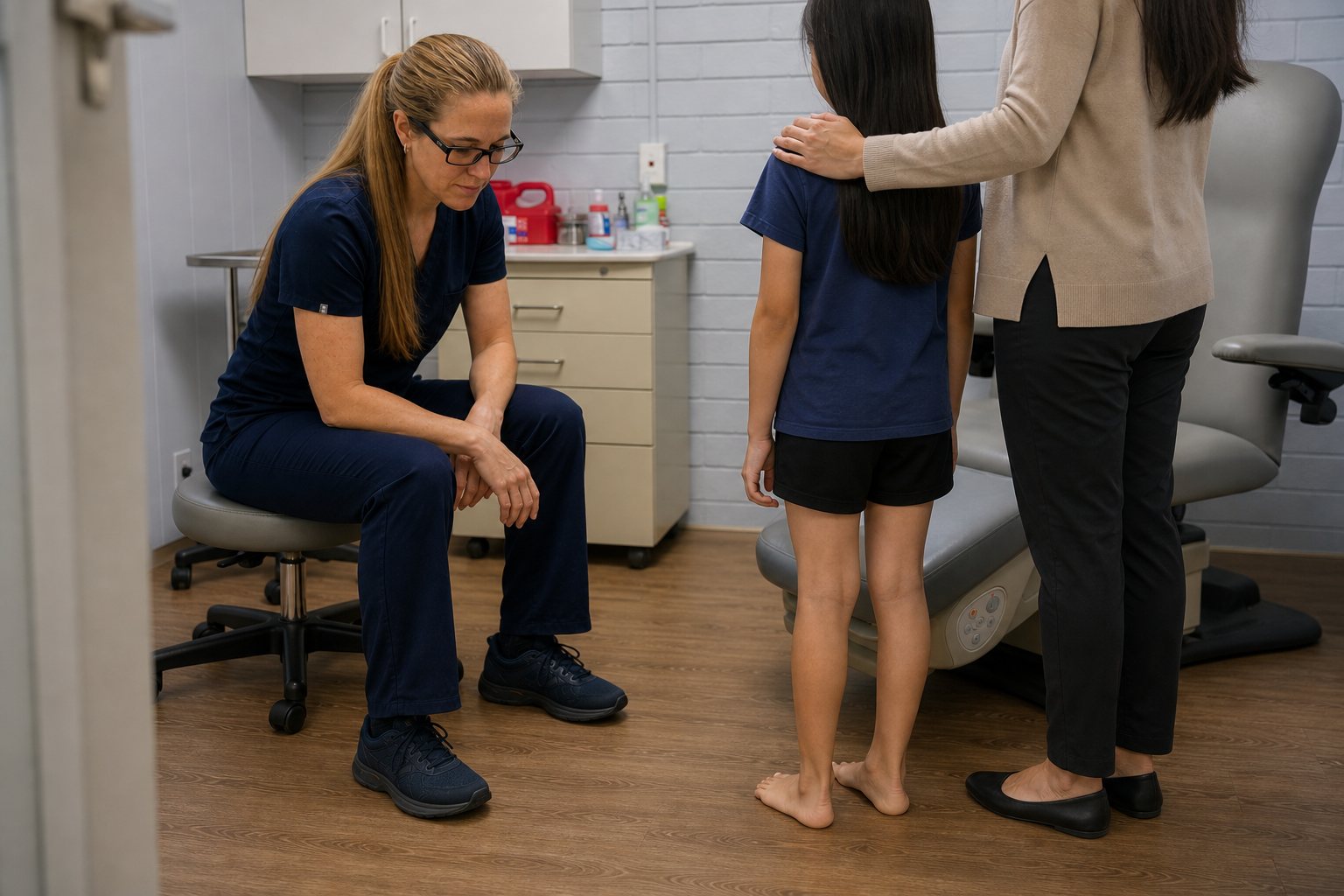 Dr. Korves observing an anonymous child’s standing posture while a parent watches