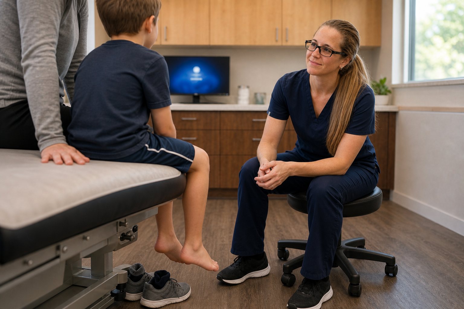 Dr. Korves speaking at eye level with a child while a parent sits nearby