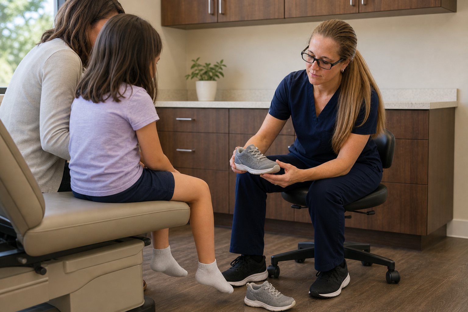 Dr. Korves discussing a child’s casual shoes with the child and parent