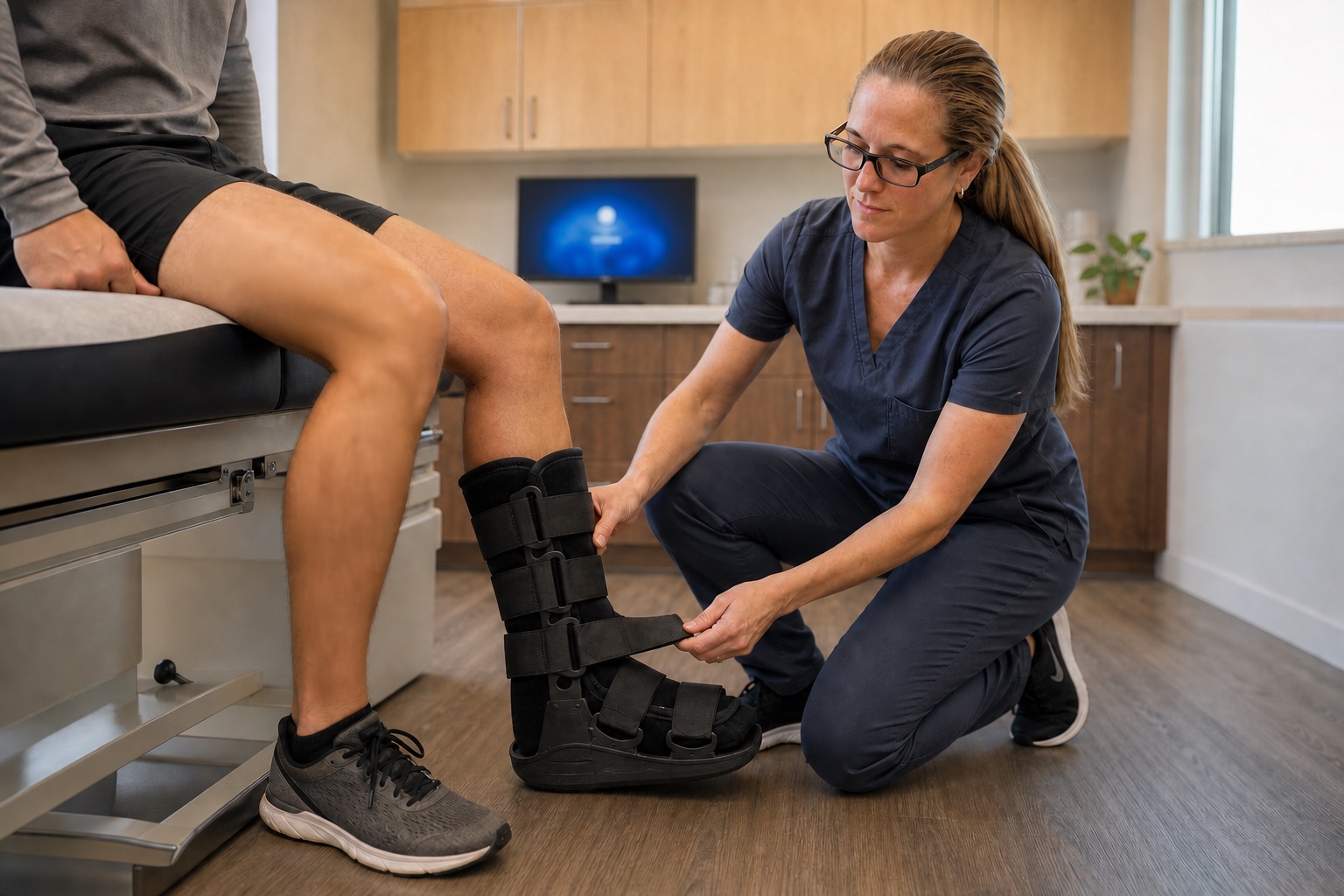 Dr. Korves fitting a walking boot on an adult patient’s injured lower leg