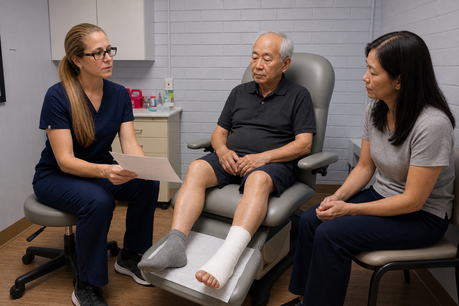 Dr. Korves discussing follow-up care with an older patient and caregiver