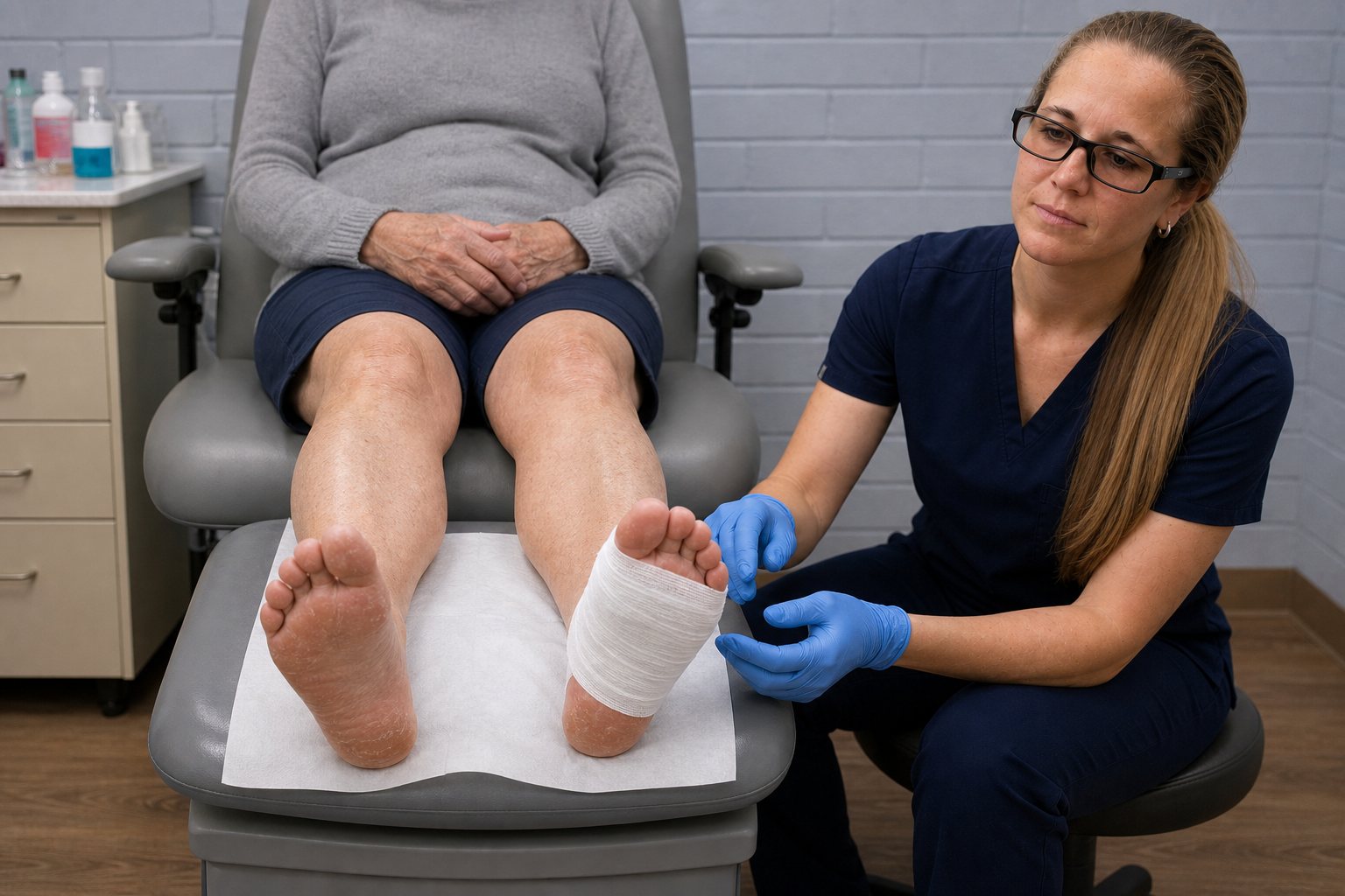 Dr. Korves beside an anonymous patient’s foot with one completed clean dressing